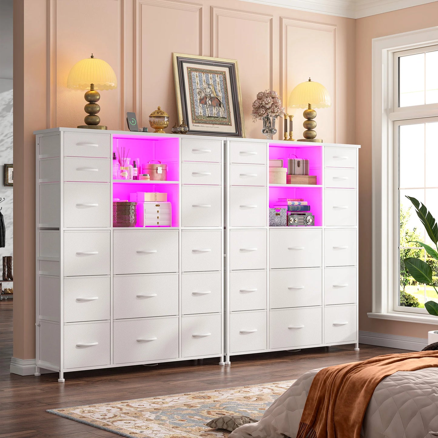 EnHomee 15 Fabric Drawers Storage Organizer With Charging Station LED Hutch