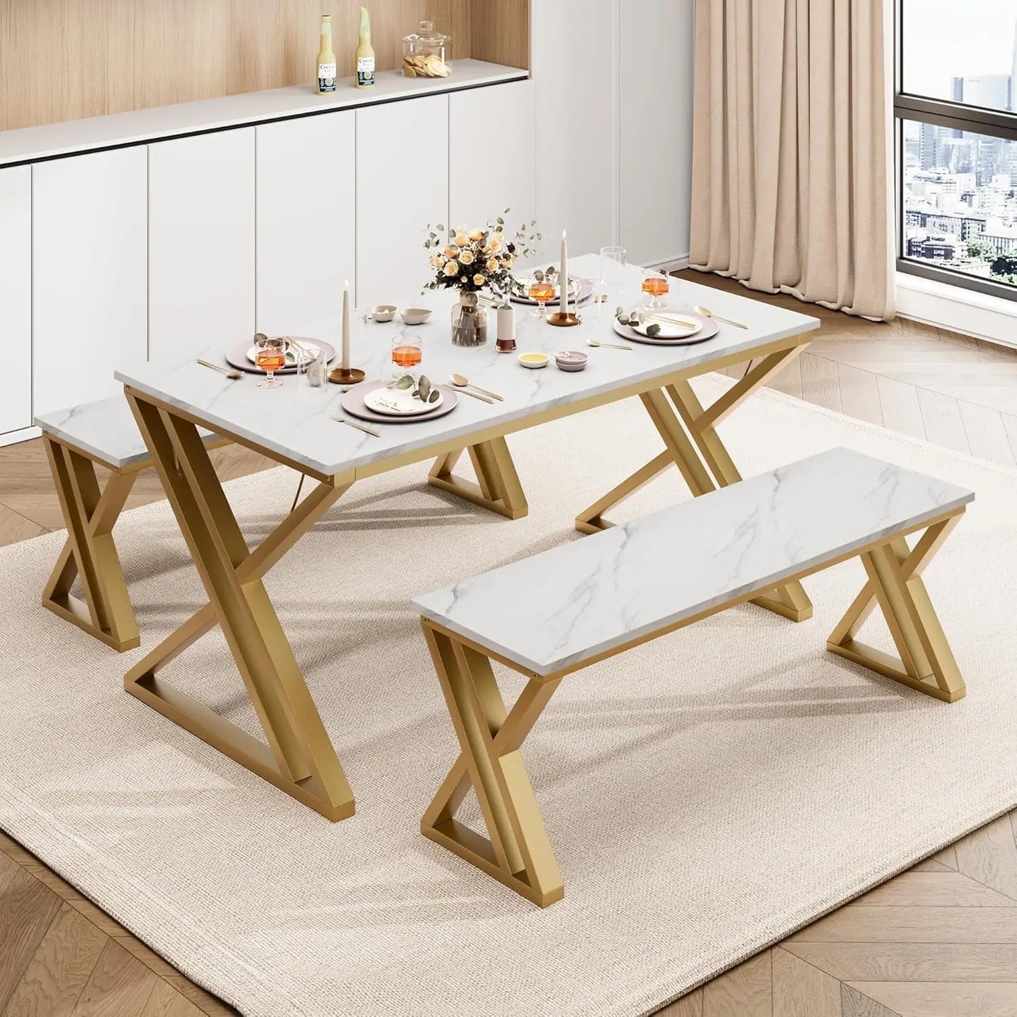 HobbyLane 4 Person Dining Table Set With Benches Metal Frame