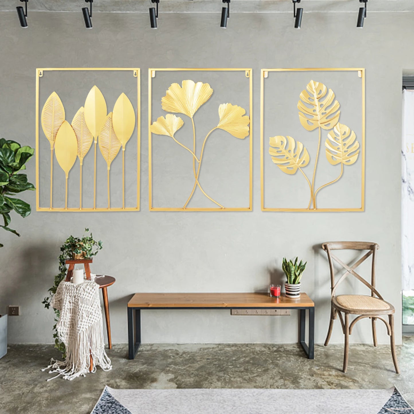 Three Piece Leaf Wall Art Set Modern 3D Iron Panels