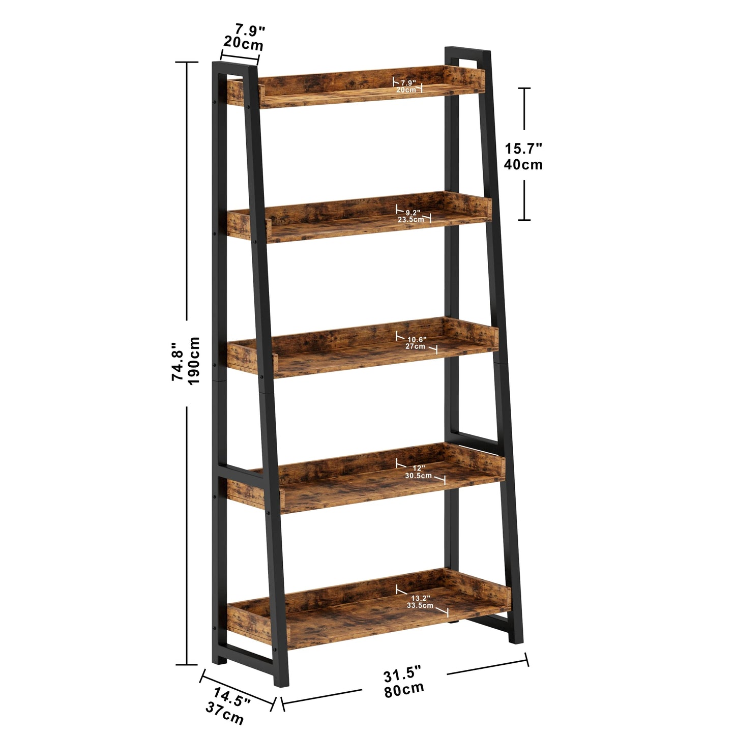 Ironck Industrial 5 Tier Bookshelf Ladder Shelf Metal Frame