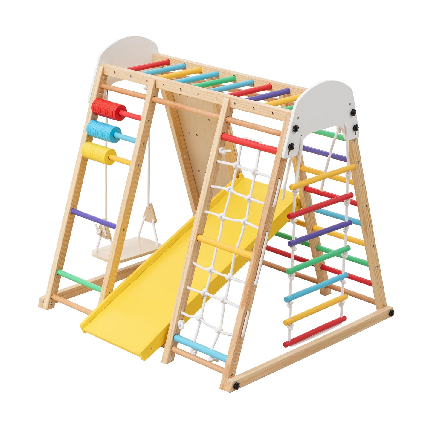 Multifunction Wooden Kids Climber Indoor Playground, Toddler Climbing Set with Slide, Swing, Climbing Ramp, Ladder and Cargo Net for Motor Skill Training