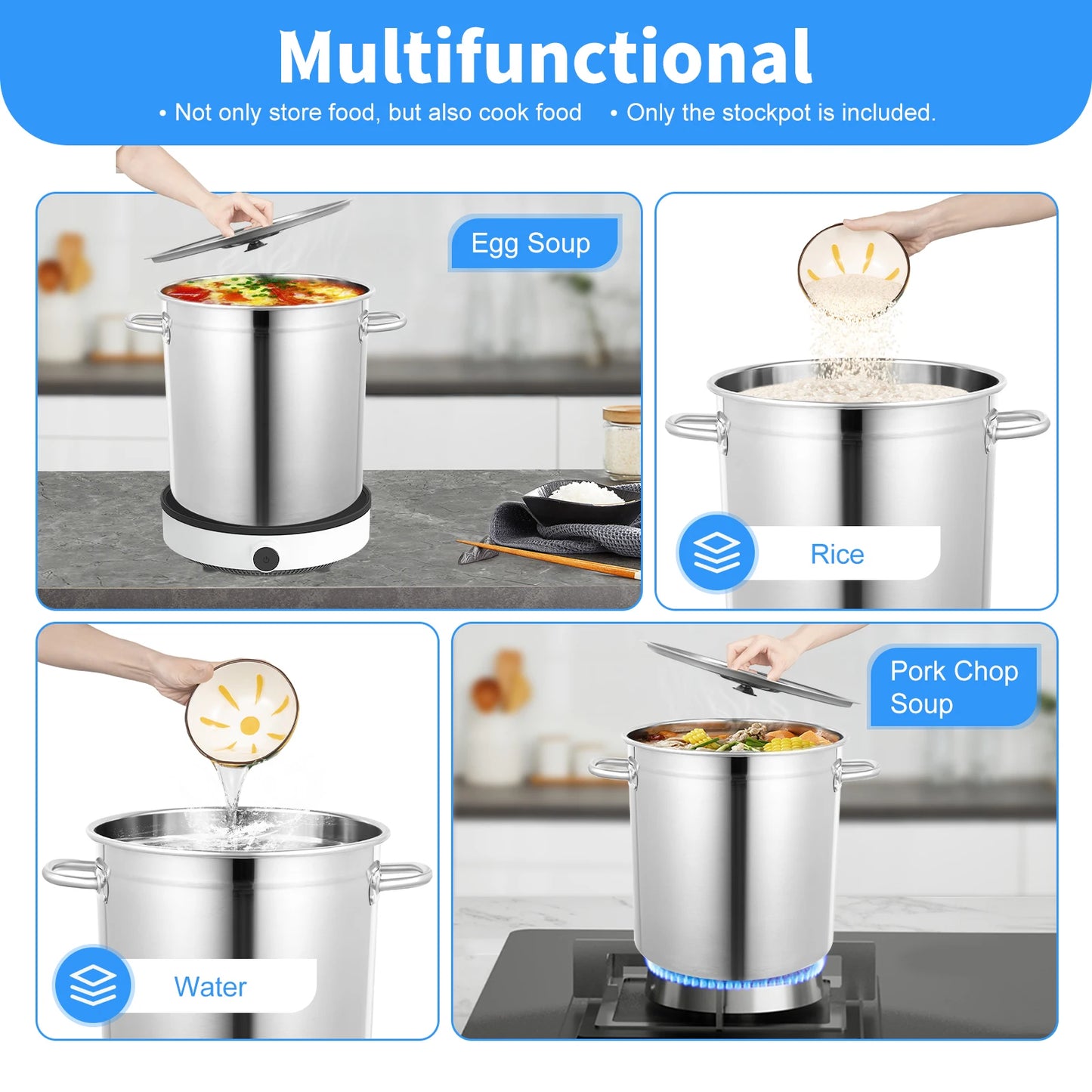 35/50/70L Soup Pot with Cover&Handles, Multi-functional Stainless Steel Stock Pot for Storing Liquid/solid Items
