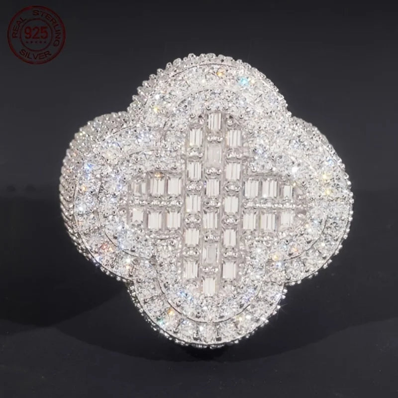 WPOOCC 925 Sterling Silver Cubic Zirconia Clover Ring For Men Gold Plated