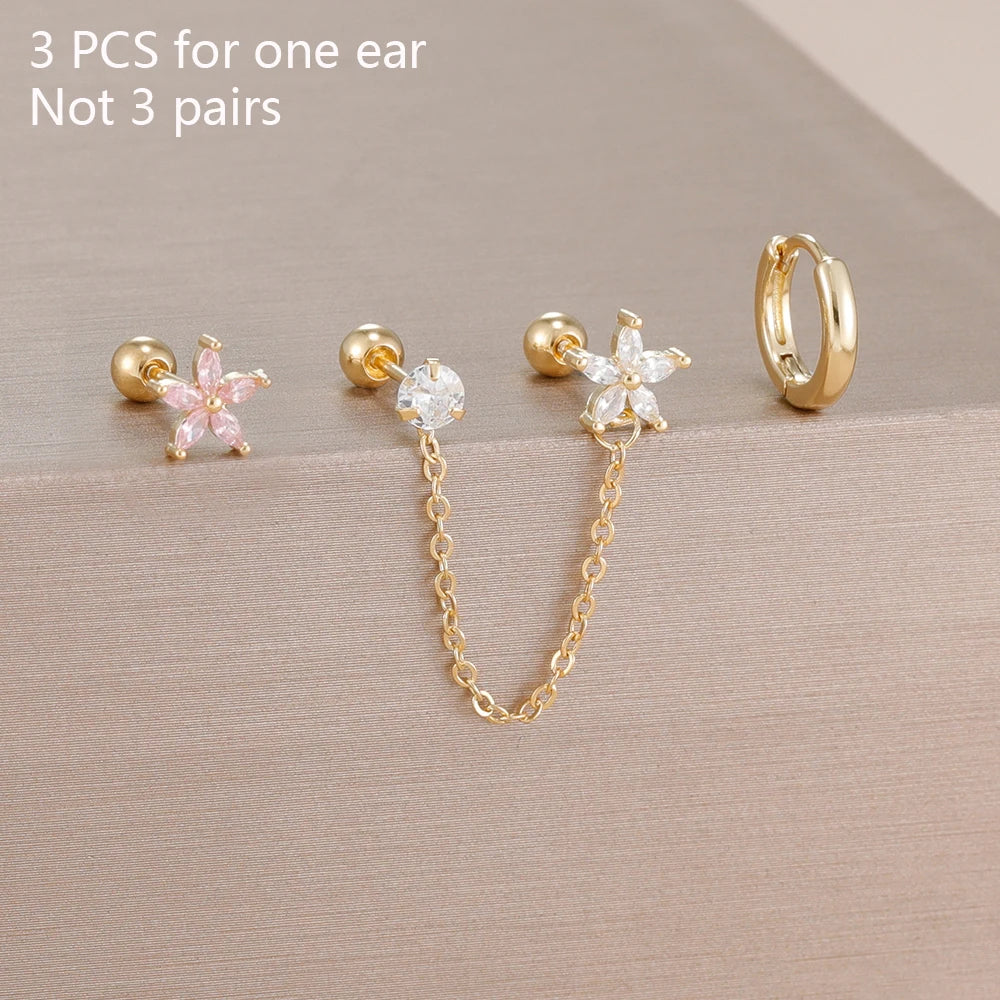 3PCS Stainless Steel Zircon Flower Star Ear Stud Earrings Set 14K Gold Plated Chain Cartilage Piercing Earring Women's Jewelry