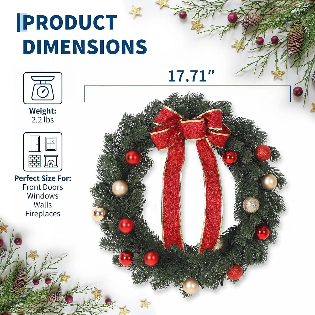 45/55/60CM Pre-Lit Christmas Wreath for Front Door Artificial Pine with LED Lights Red Bow & Red/Gold Ornaments Window Wall Hanging Decor Xmas Decorations