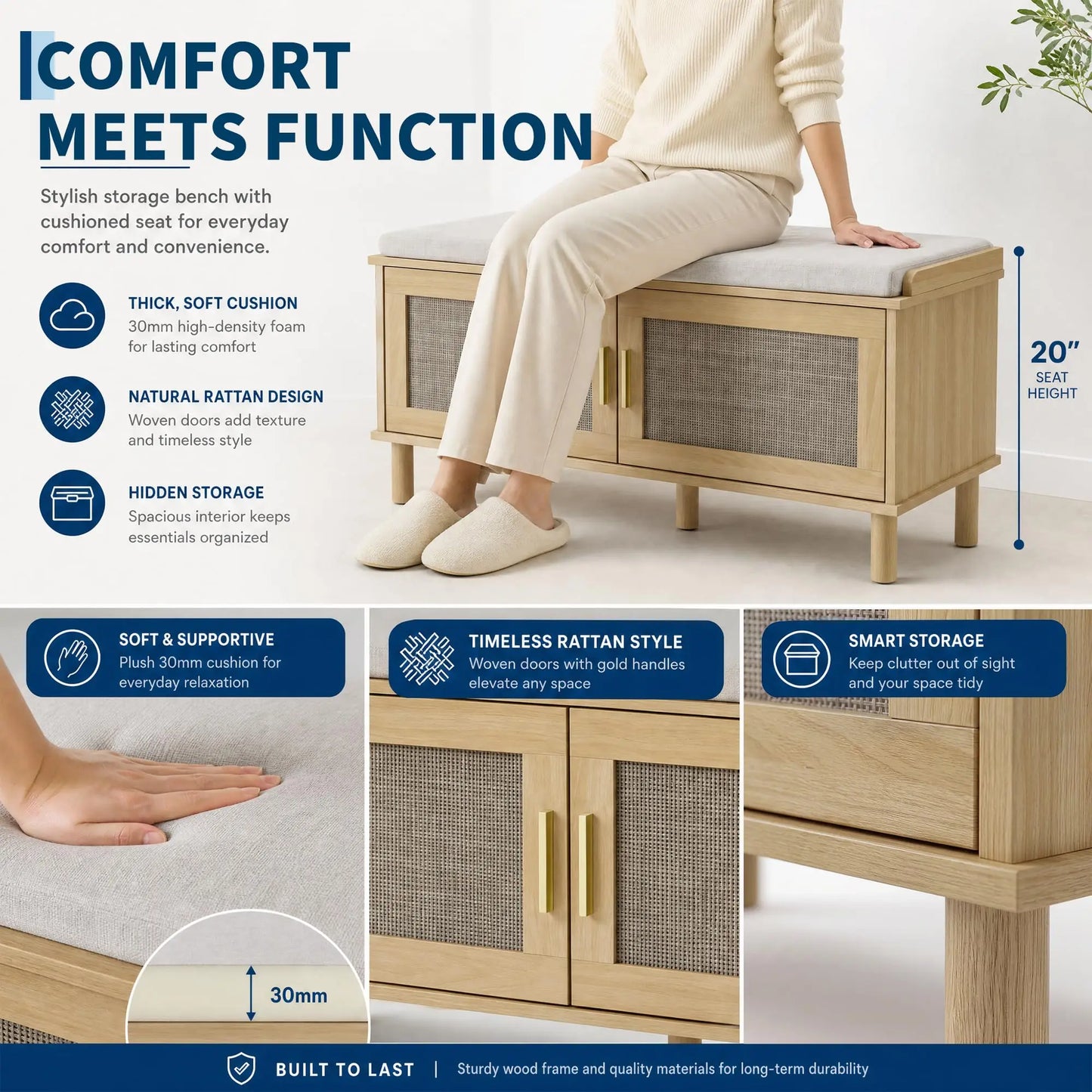 Rattan Shoe Storage Bench With Cushion, Adjustable Shelf Entryway Shoe Cabinet, Hidden Storage Organizer With Gold Handles For Hallway