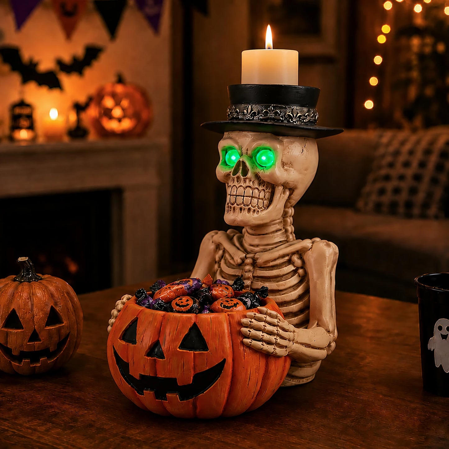 Halloween Skeleton Figurine with Pumpkin Candy Bowl & Candle Holder, Spooky Table Decor for Halloween