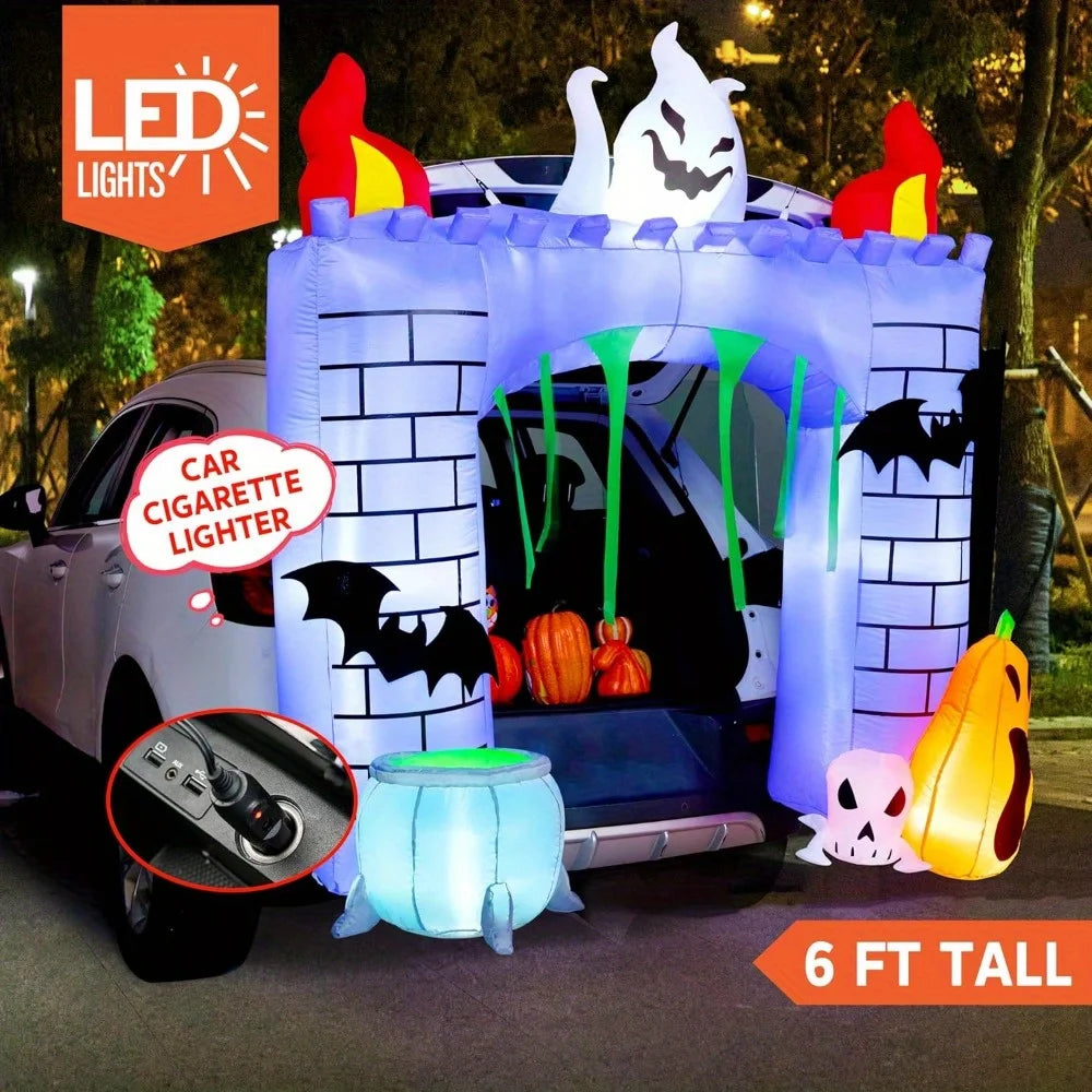 6 ft Halloween Inflatable Outdoor Decorations, Trunk or Treat Car Decorations Halloween Blow Ups Haunted Castle with Build-in LEDs, Inflatable Pumpkin and Ghost for Outside Decor
