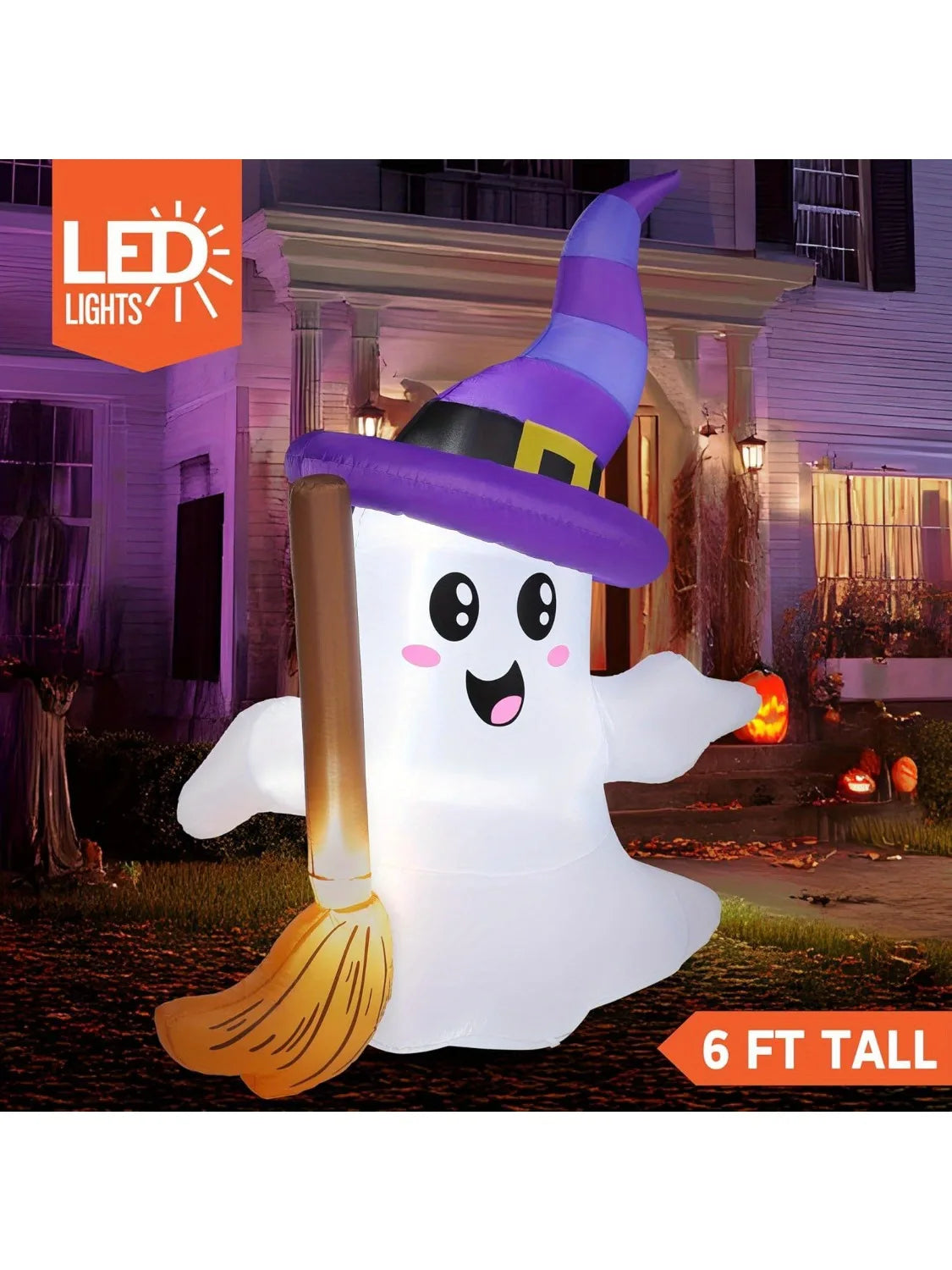 6 FT Tall Halloween Inflatables Ghost Outdoor Decorations Cute Blow Up Ghost Holding Broom with LED Blow Up Yard Decorations for Halloween Outdoor Yard Garden Lawn Party Decor