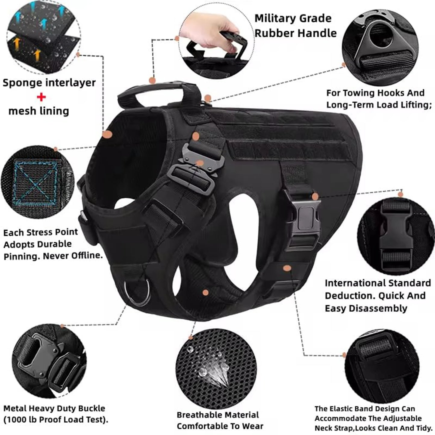 PETRAVELCN Tactical Dog Harness Molle Pouches Leash Vest Training
