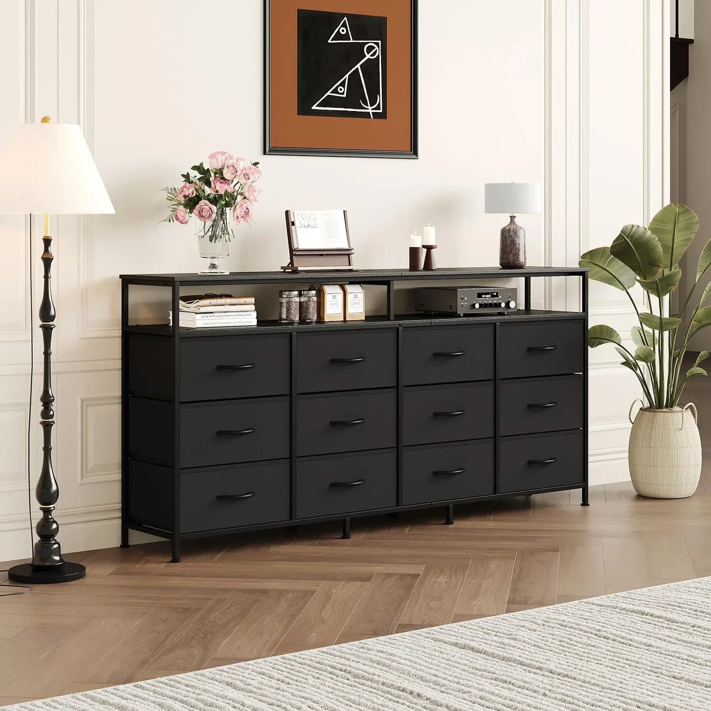 HiMISS 12 Drawer Dresser With Open Shelf Steel Frame