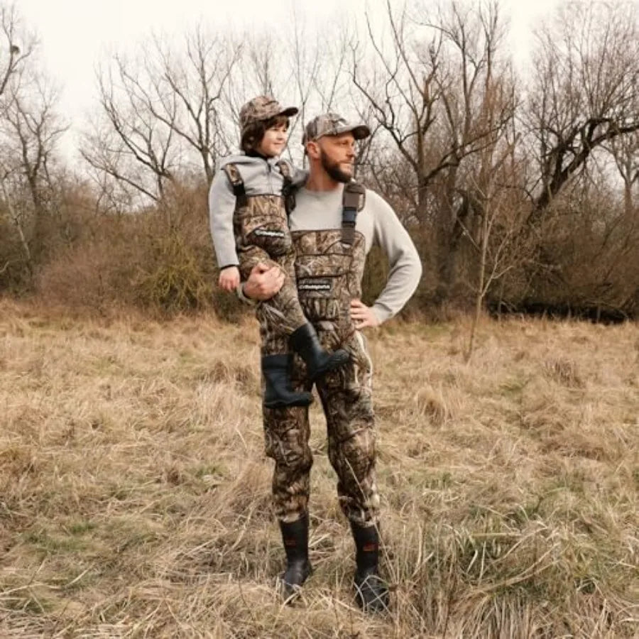 Fishing hunting chest waders for kids and adults, neoprene material, camouflage color, bootfoot design with wader hanger includ