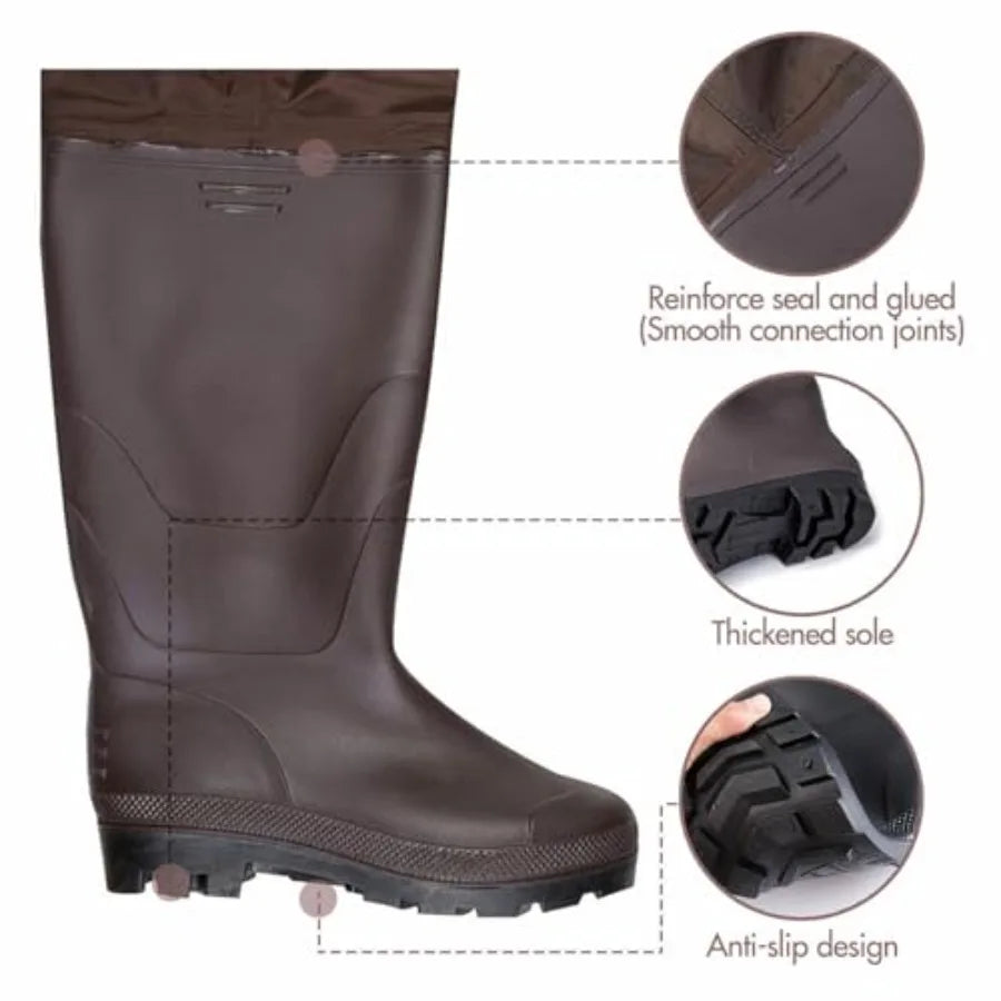 Hunting and fishing chest waders with boots, 2-ply PVC/nylon waterproof material, camo color, lightweight and durable