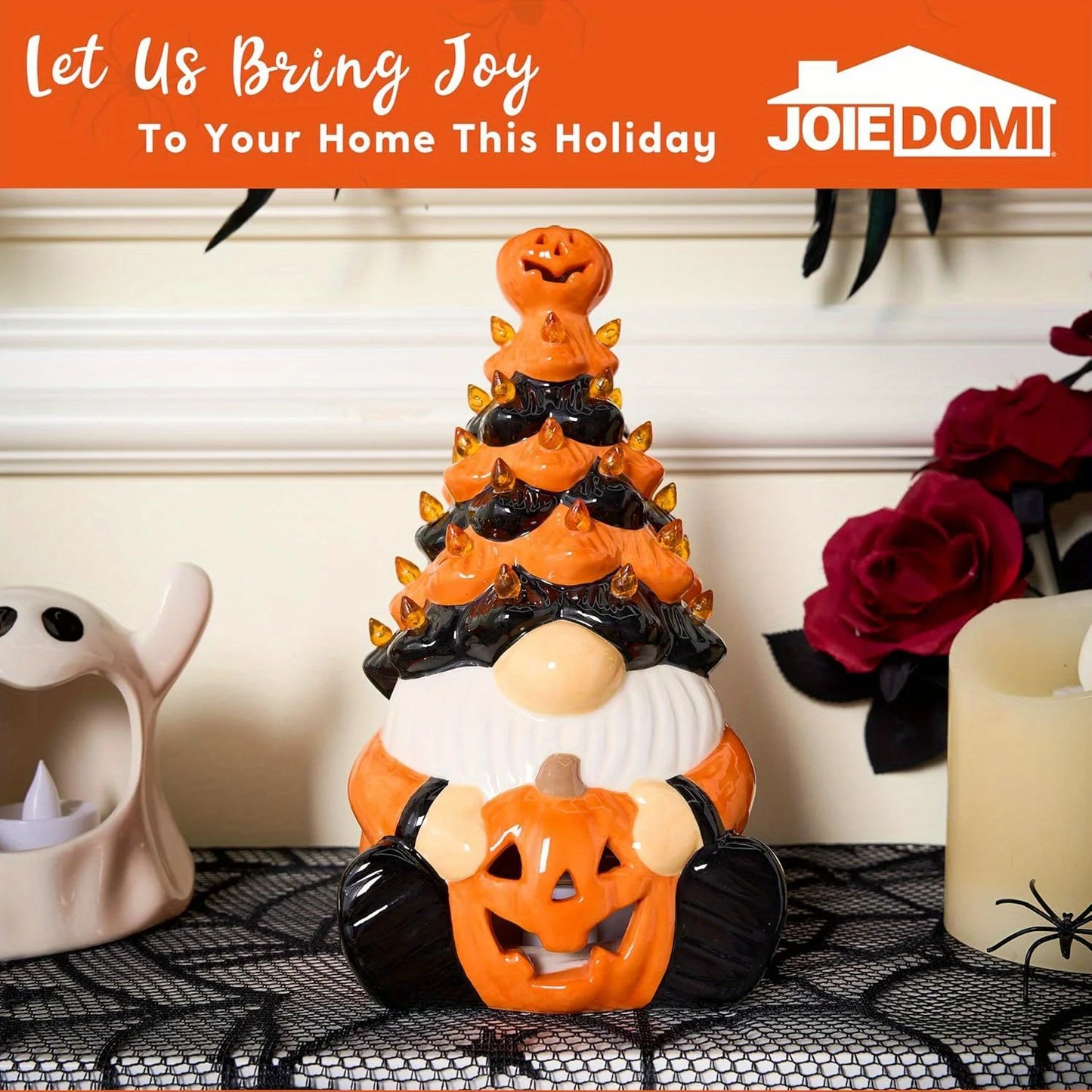 8.5 inch Tall Halloween Decoration Pumpkin Gnome Ceramic Tree with Build-in LEDs Tabletop Decor for Halloween Indoor Party Supplies Decoration, Battery Operated, Home Party Decors