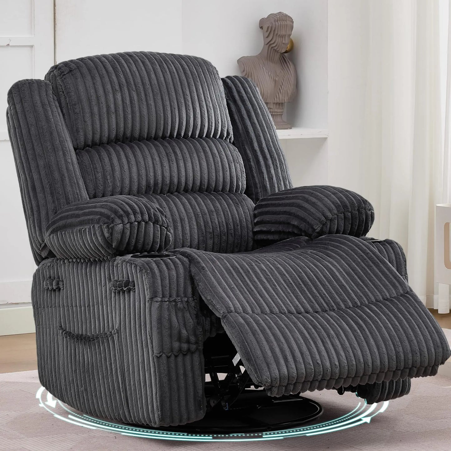 360° Swivel Rocking Recliner Chair With Cup Holder, Oversized Corduroy Nursery Glider, Deep Seat Lounge Chair For Living Room