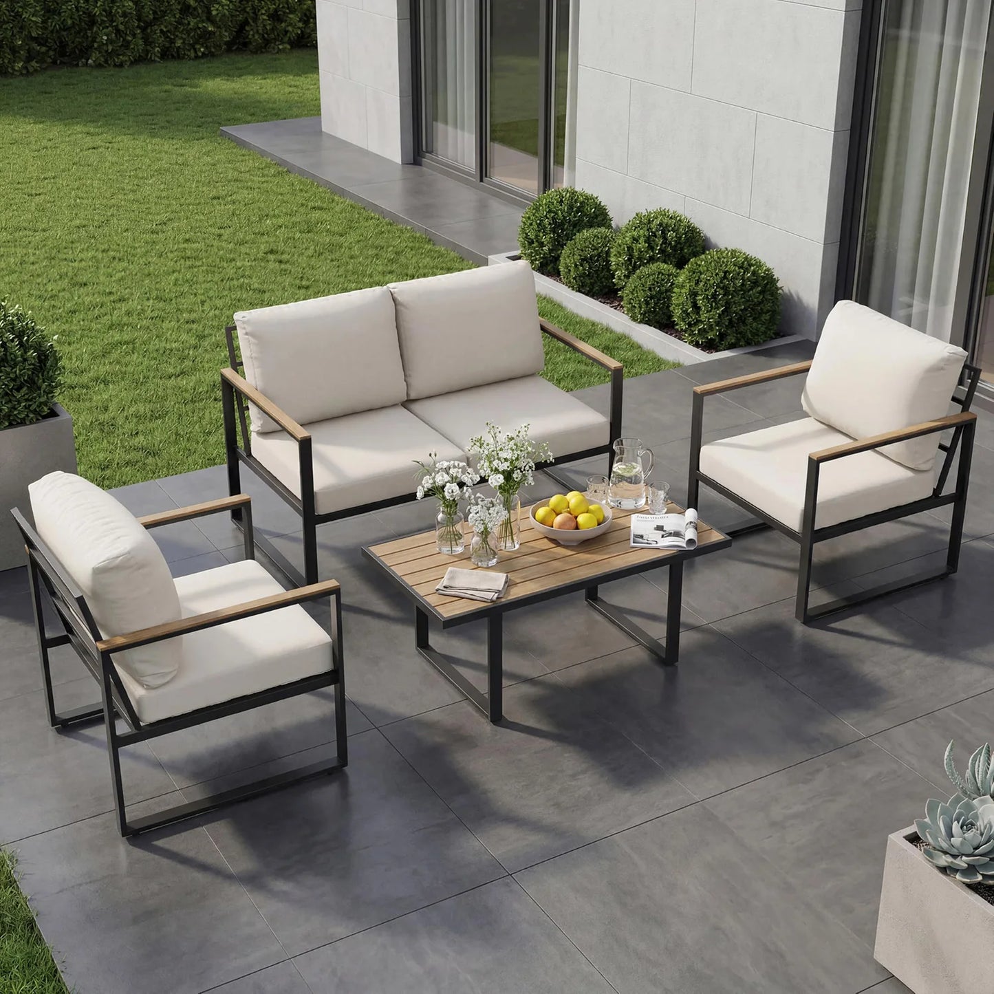 HobbyLane Modern 4 Piece Outdoor Patio Sofa With Coffee Table