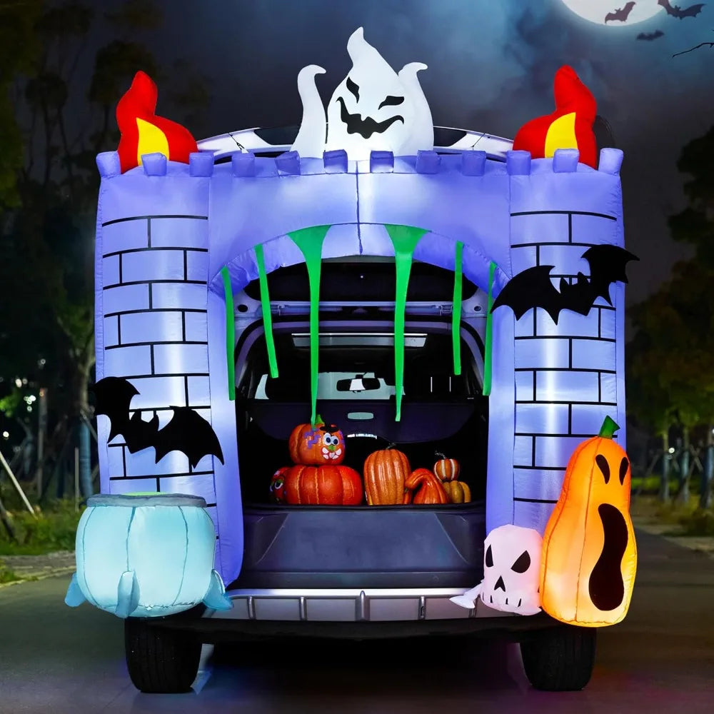 6 ft Halloween Inflatable Outdoor Decorations, Trunk or Treat Car Decorations Halloween Blow Ups Haunted Castle with Build-in LEDs, Inflatable Pumpkin and Ghost for Outside Decor
