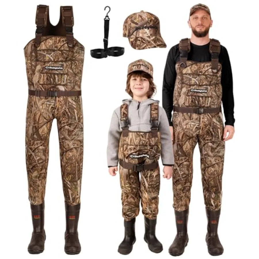 Fishing hunting chest waders for kids and adults, neoprene material, camouflage color, bootfoot design with wader hanger includ