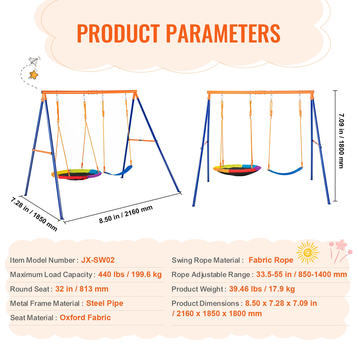 SucceBuy Swing Sets for Backyard 600lbs Capacity Swing Set with 1 Saucer Swing Seat 2 Belt Swing Seats Swingset Outdoor for Kids