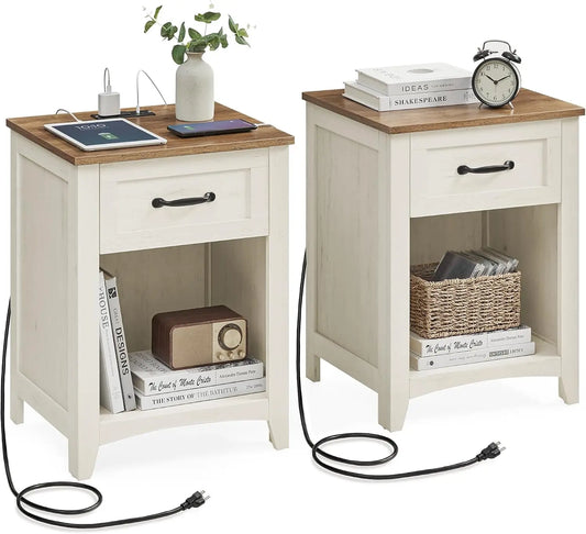 Farmhouse Nightstands With Charging Station Set of 2