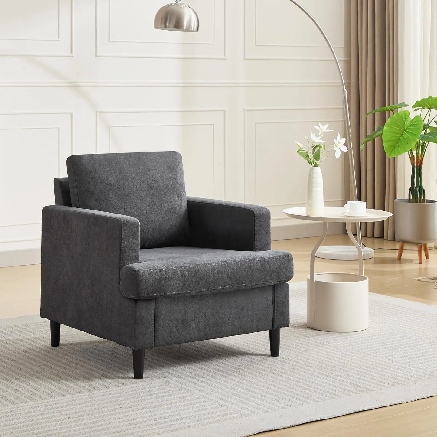 Modern Single Accent Chair Comfortable Linen Upholstered Armchair With Soft Thick High Resilience Foam Cushion Sturdy Solid Wood Legs Soft Backrest For Living Room Bedroom Office