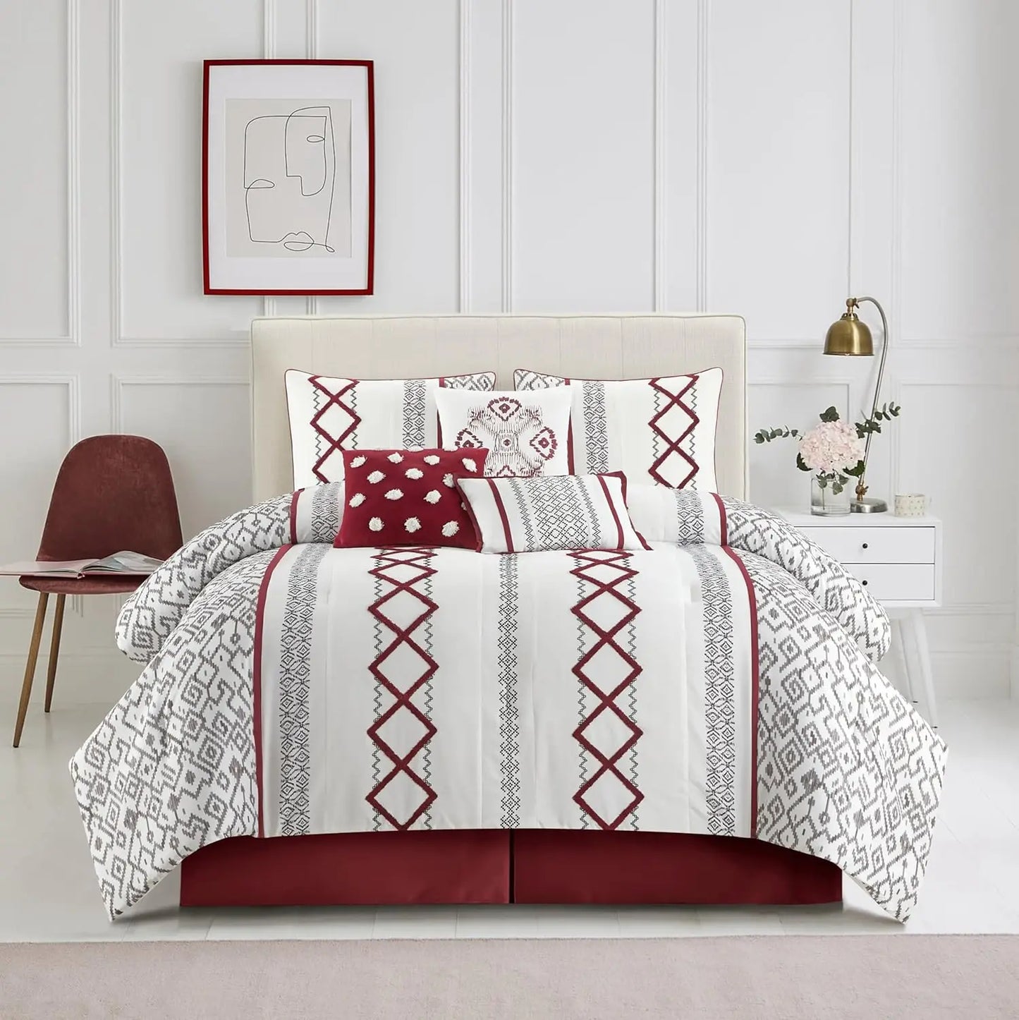 All Season Embroidered Comforter Set With Curtains And Sheet Set