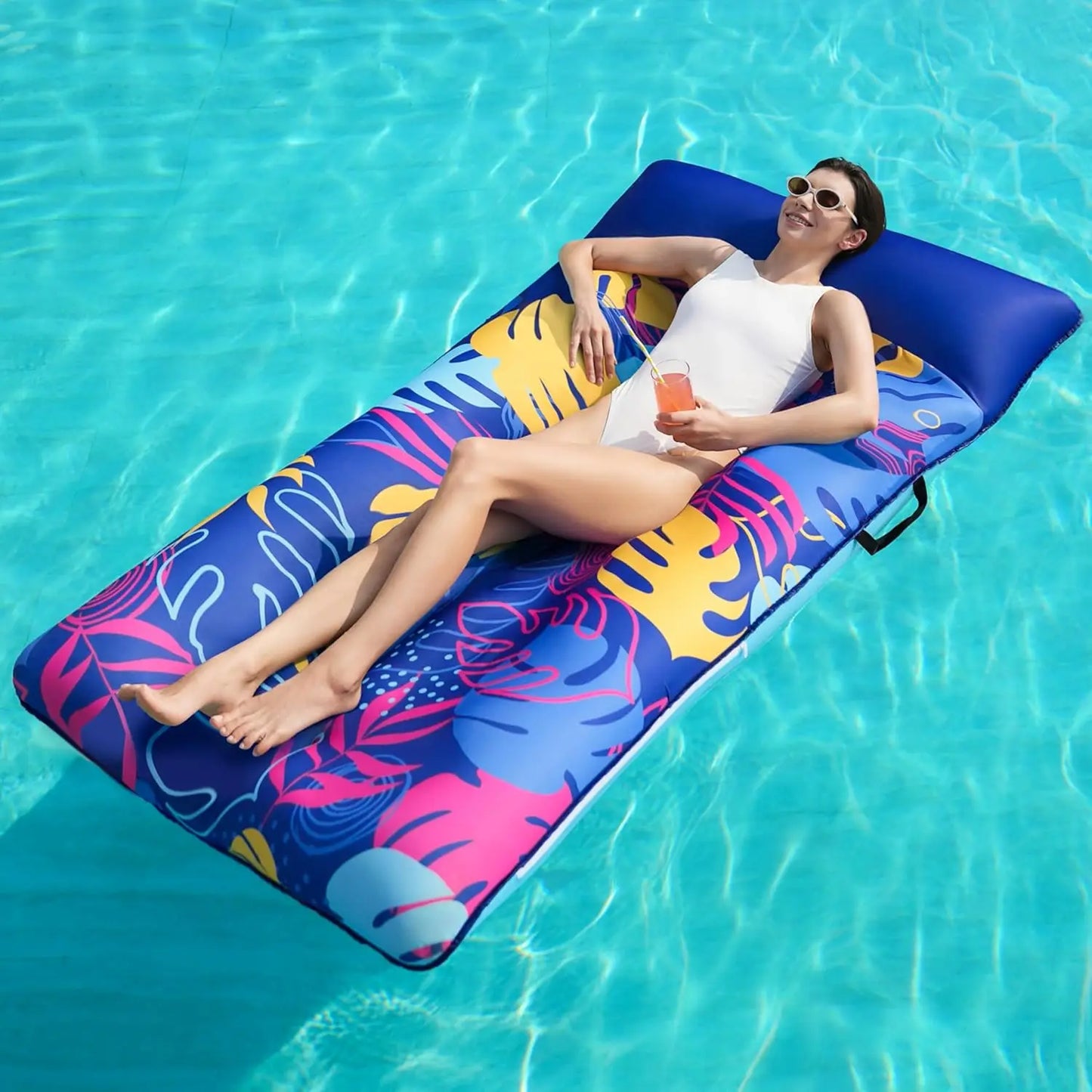 JOYIN Fabric Covered Pool Inflatable Floats Raft  Mat Lounger Floaties for Adults Summer Water Party Headrest