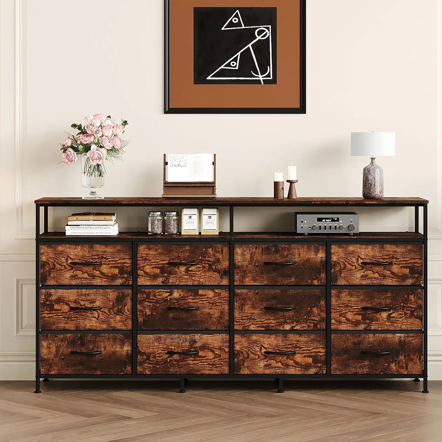 HiMISS 12 Drawer Dresser With Open Shelf Steel Frame