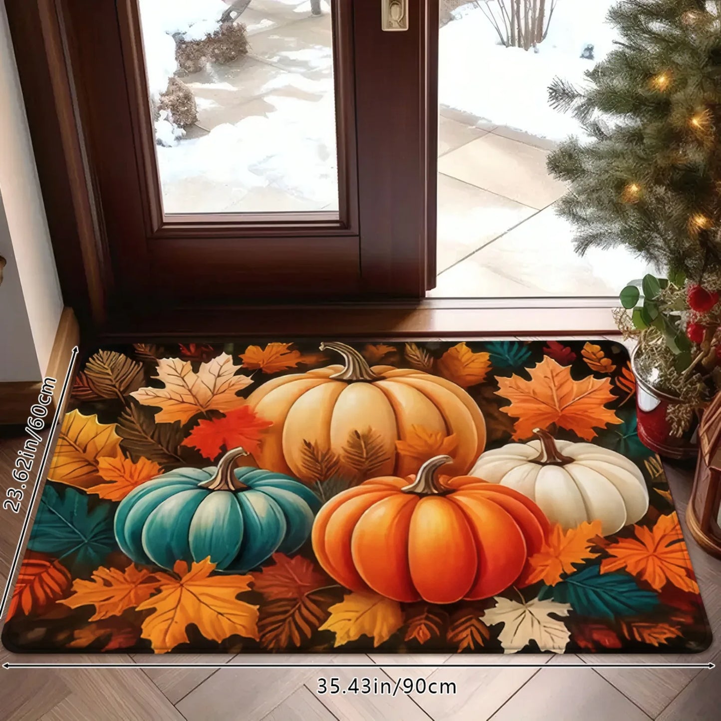 1pc Autumn Harvest Pumpkin And Leaf Pattern Doormat - a Vibrant Fall Decoration Featuring Orange, Yellow, And Pumpkins, Made of Machine-Washable Polyester Material, Perfect for Thanksgiving And Christmas Family Entryway Welco