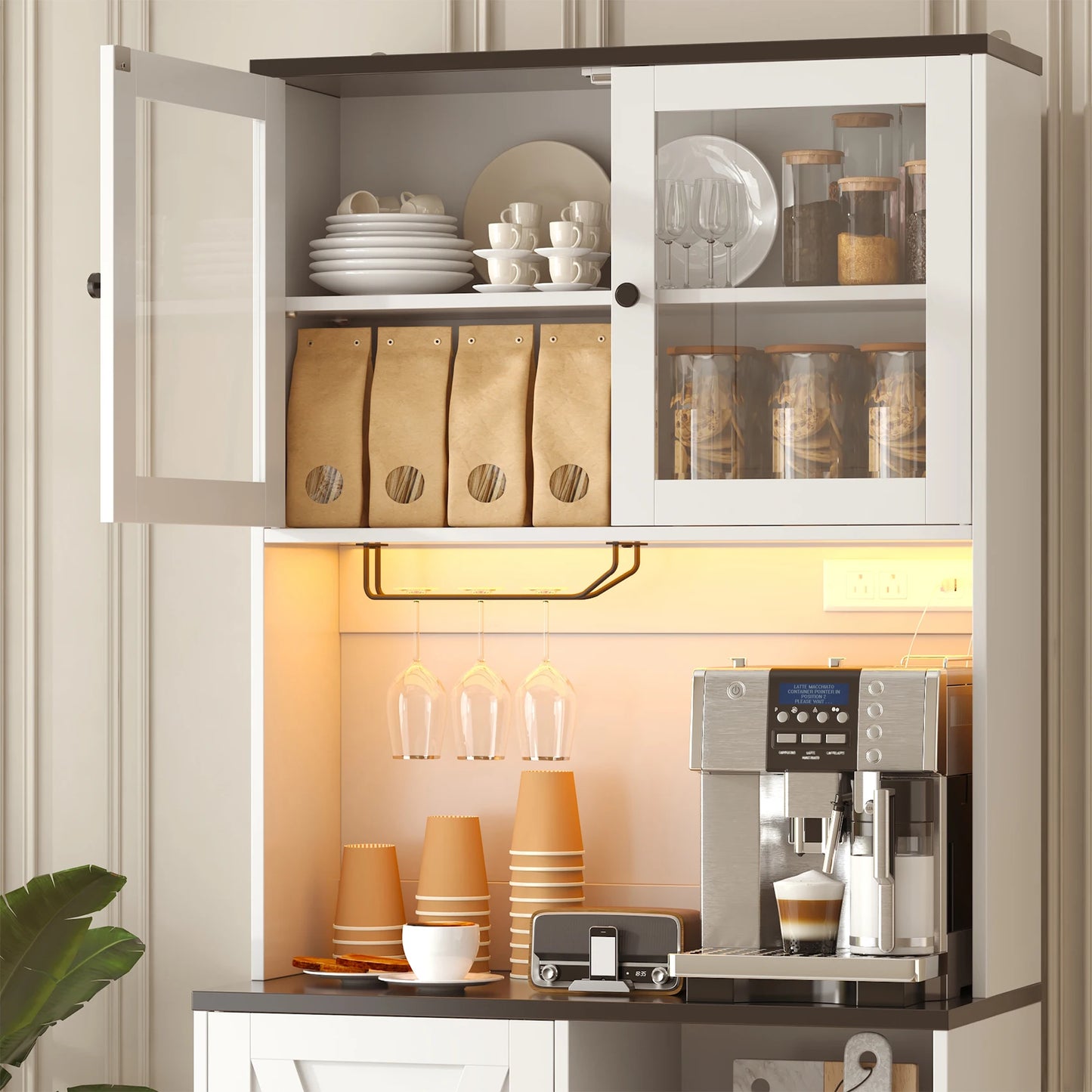 BIGBIGLIFE Kitchen Pantry Cabinet With LED Lights And Microwave Stand