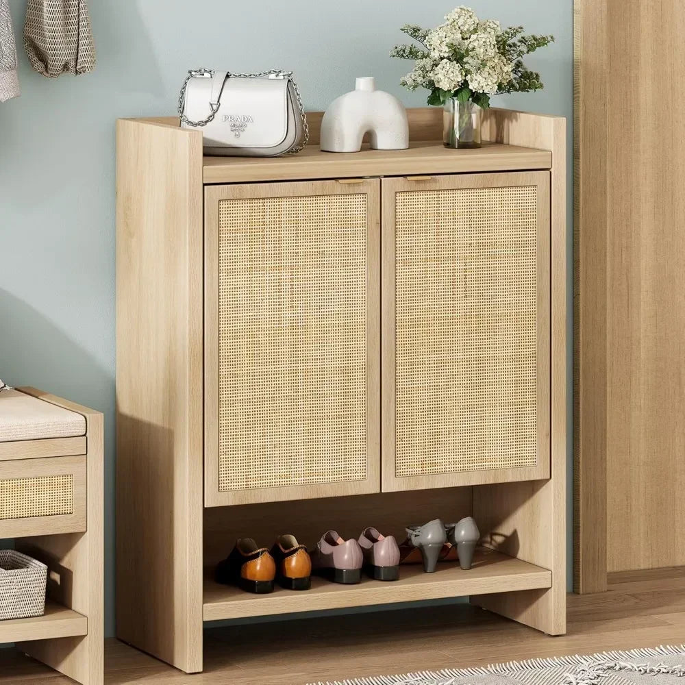 Natural Rattan Shoe Cabinet With Adjustable Shelves Boho Style Storage