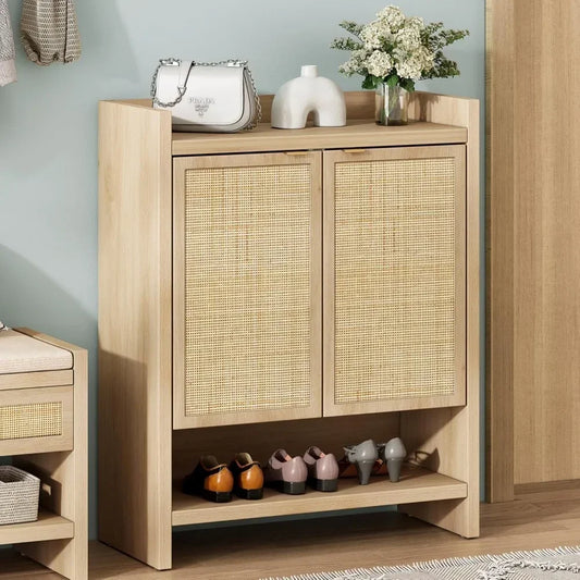Natural Rattan Shoe Cabinet With Adjustable Shelves Boho Style Storage