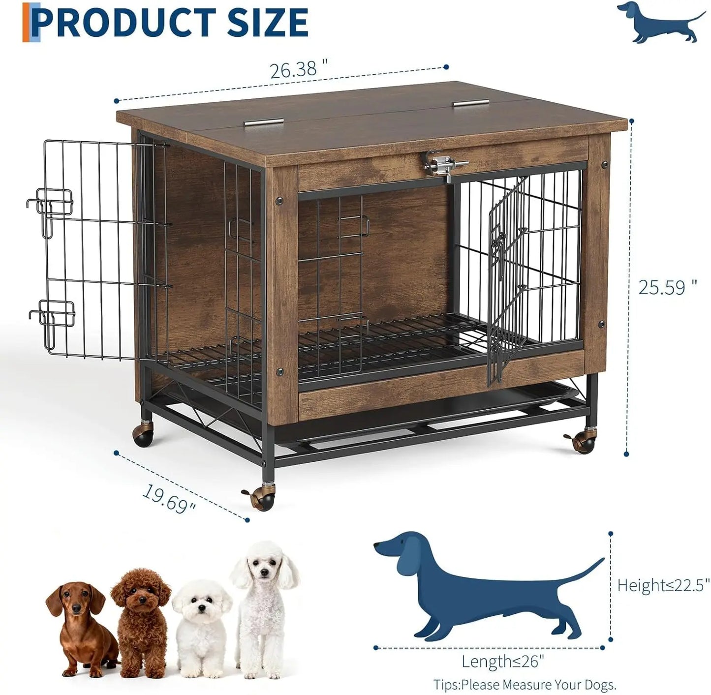 TWISTER.CK Indoor Wooden Dog Crate Furniture With Double Doors Wheels And Tray