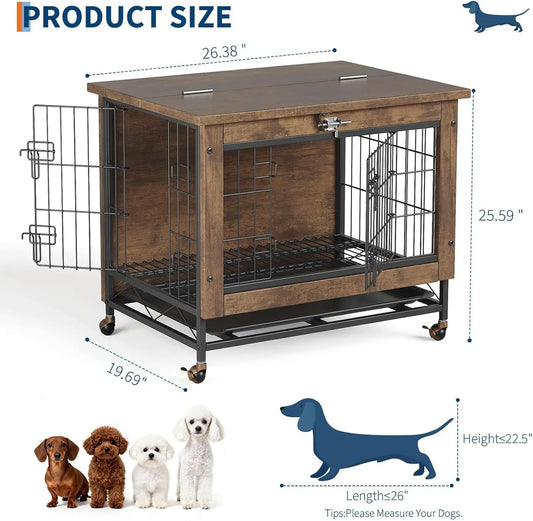 TWISTER.CK Indoor Wooden Dog Crate Furniture With Double Doors Wheels And Tray