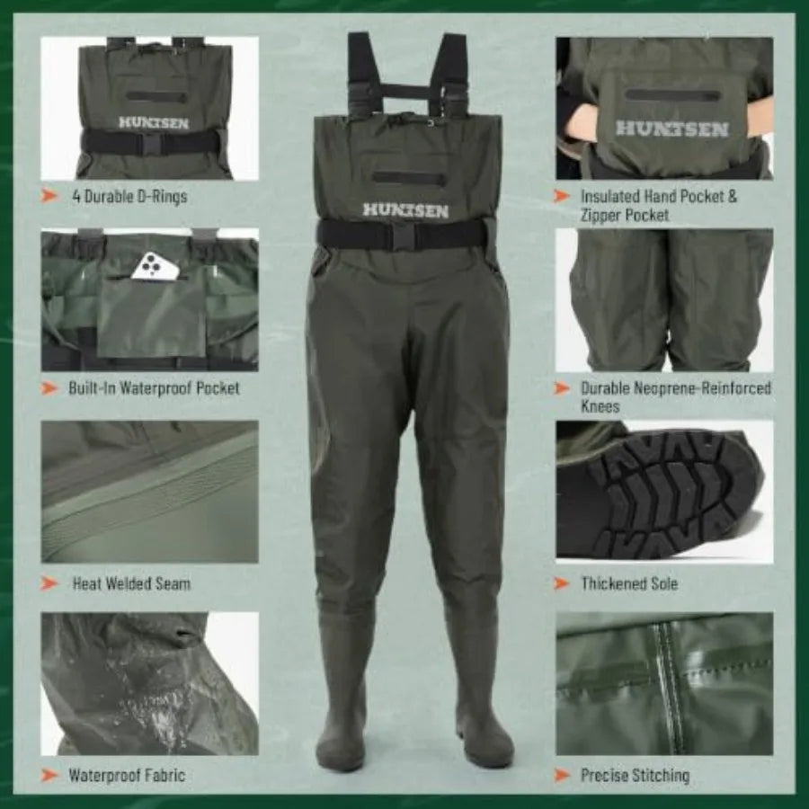 Fishing Waders for Men Women - 2-Ply Nylon/PVC Waterproof Hunting Chest Waders with Boot HangerandPhone Case, Size9-13
