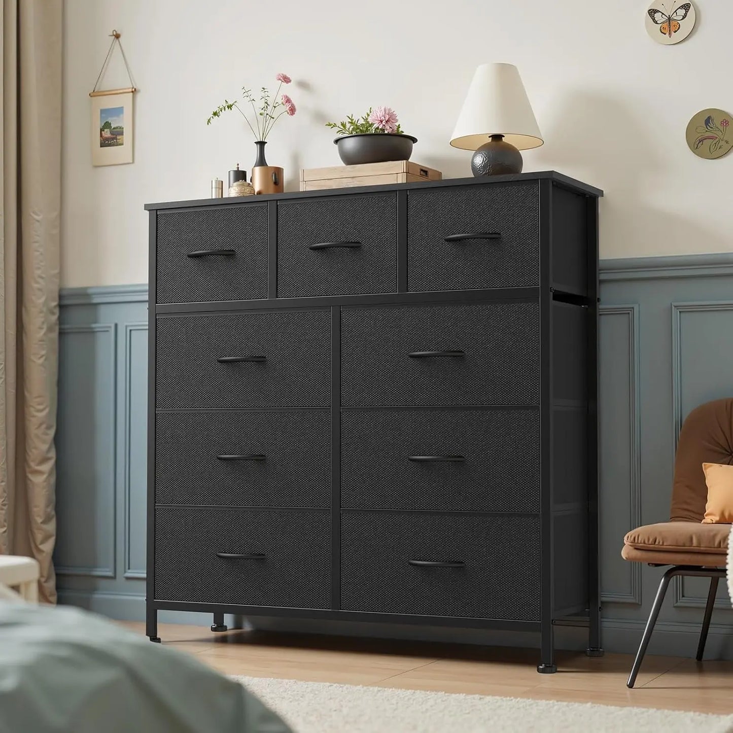 9 Drawer Storage Dresser with Wood Top - Wide Fabric Chest Organizer for Bedroom, Closet, Living Room,Tower Cabinet, TV
