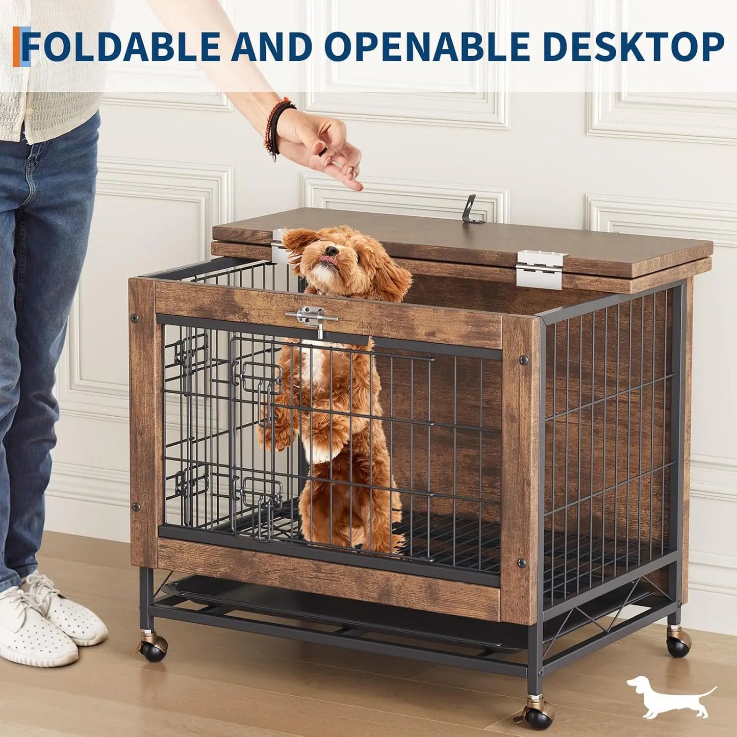 TWISTER.CK Indoor Wooden Dog Crate Furniture With Double Doors Wheels And Tray