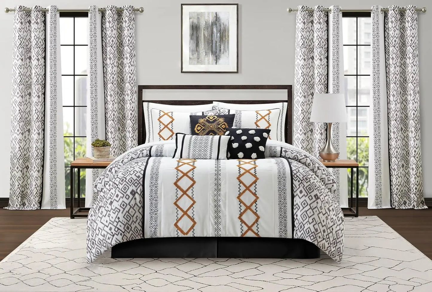 All Season Embroidered Comforter Set With Curtains And Sheet Set