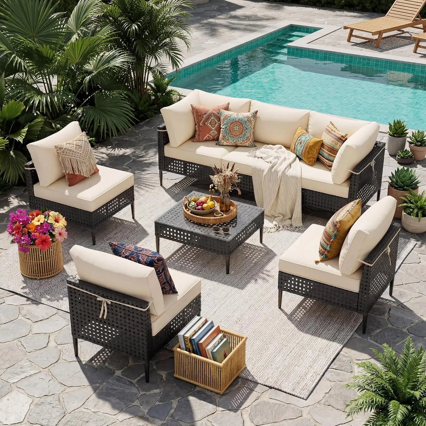 Wicker Patio Furniture Set Modular Outdoor Sectional With Glass Table