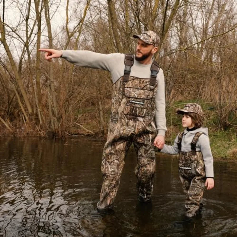 Fishing hunting chest waders for kids and adults, neoprene material, camouflage color, bootfoot design with wader hanger includ