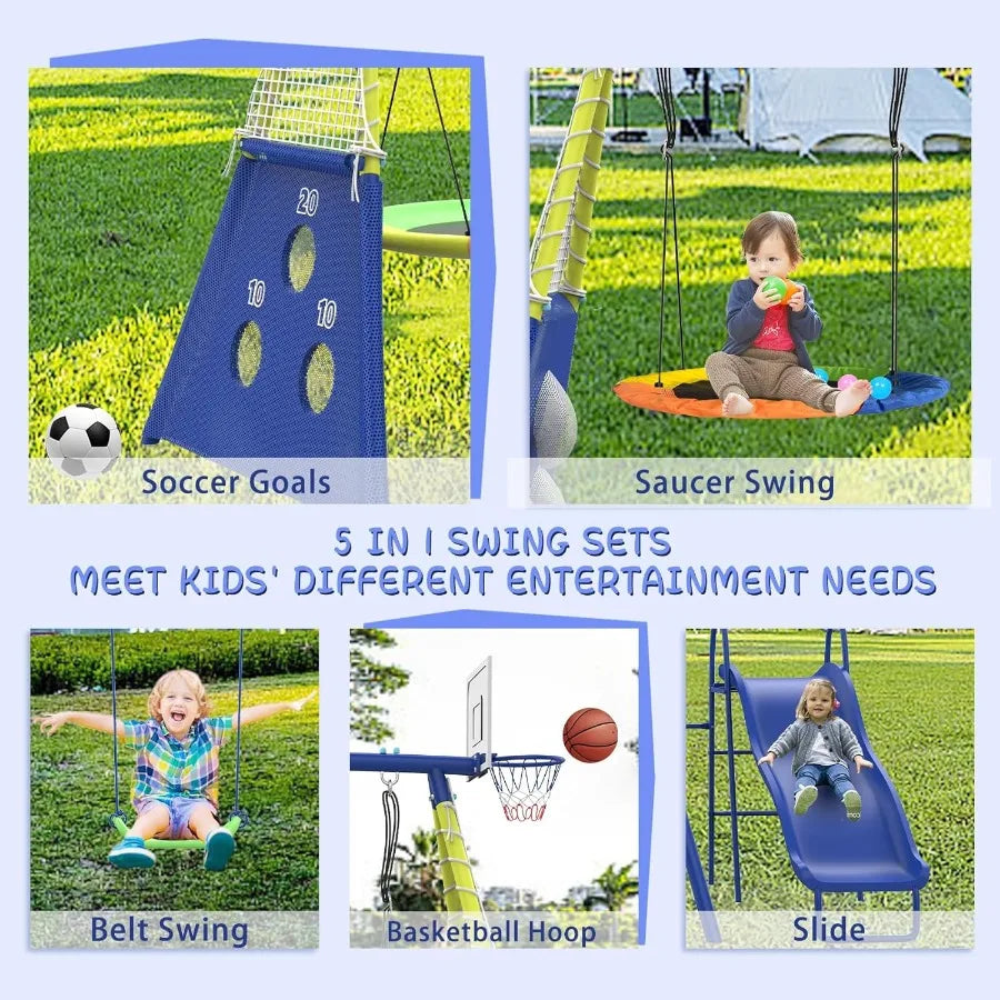 Outdoor Heavy-Duty Metal Swing Set for Backyard with Slide 5 in 1 Playset 440lbs Capacity Red Swing Seat Saucer Belt Swing Socc