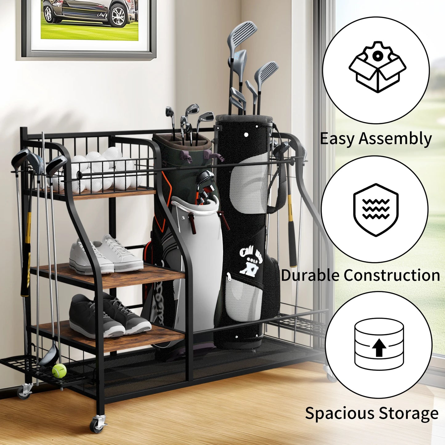 Metal Rolling Three Tier Golf Bag Storage Shelf Rack