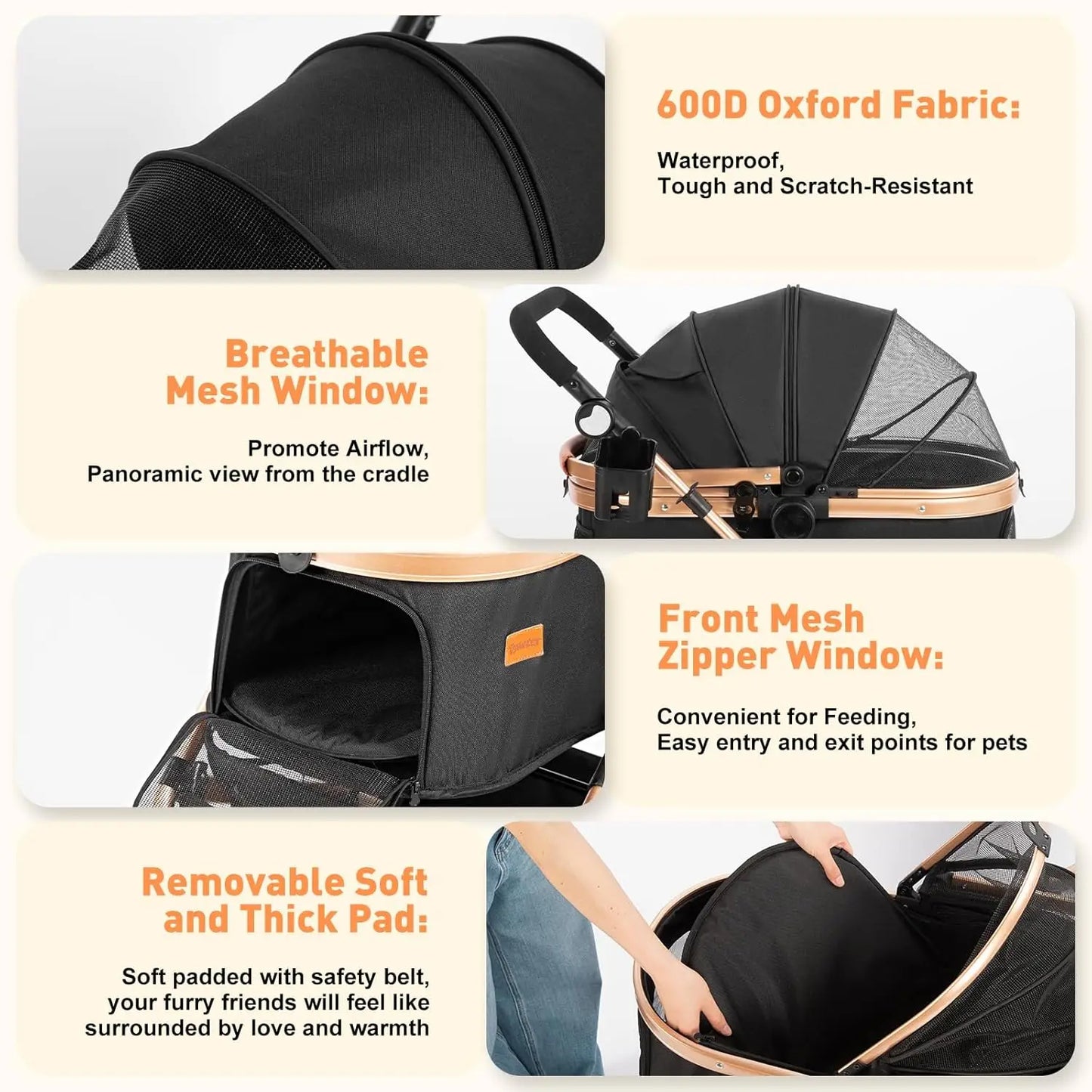 Waterproof Pet Stroller For Medium Dogs And Cats With Carrier