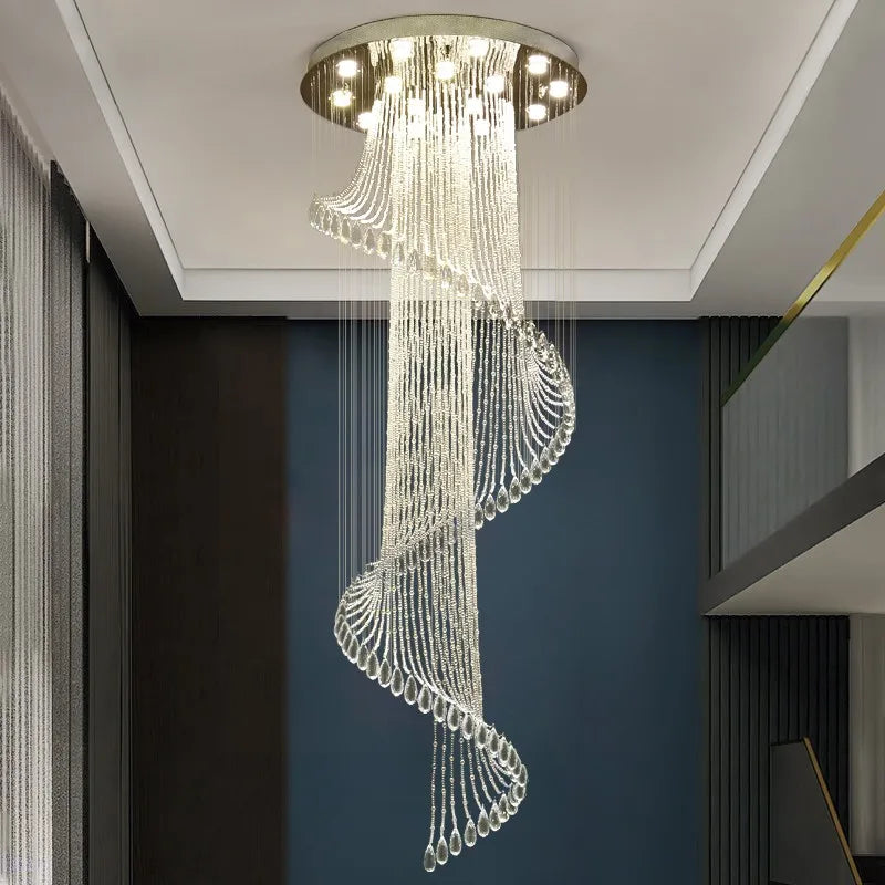 Modern Crystal Spiral Chandelier LED Hanging Lamp For Staircase Decor