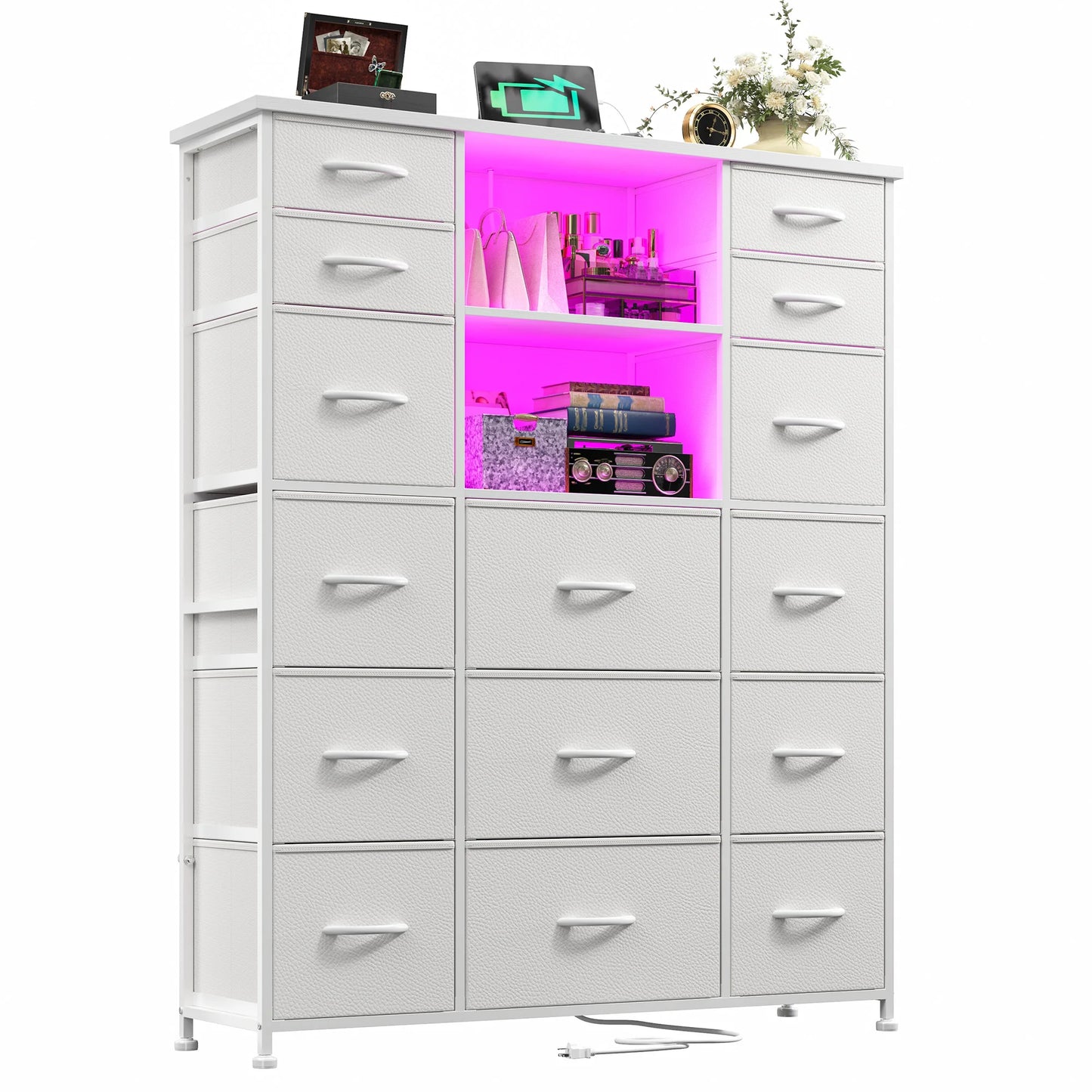 EnHomee 15 Fabric Drawers Storage Organizer With Charging Station LED Hutch