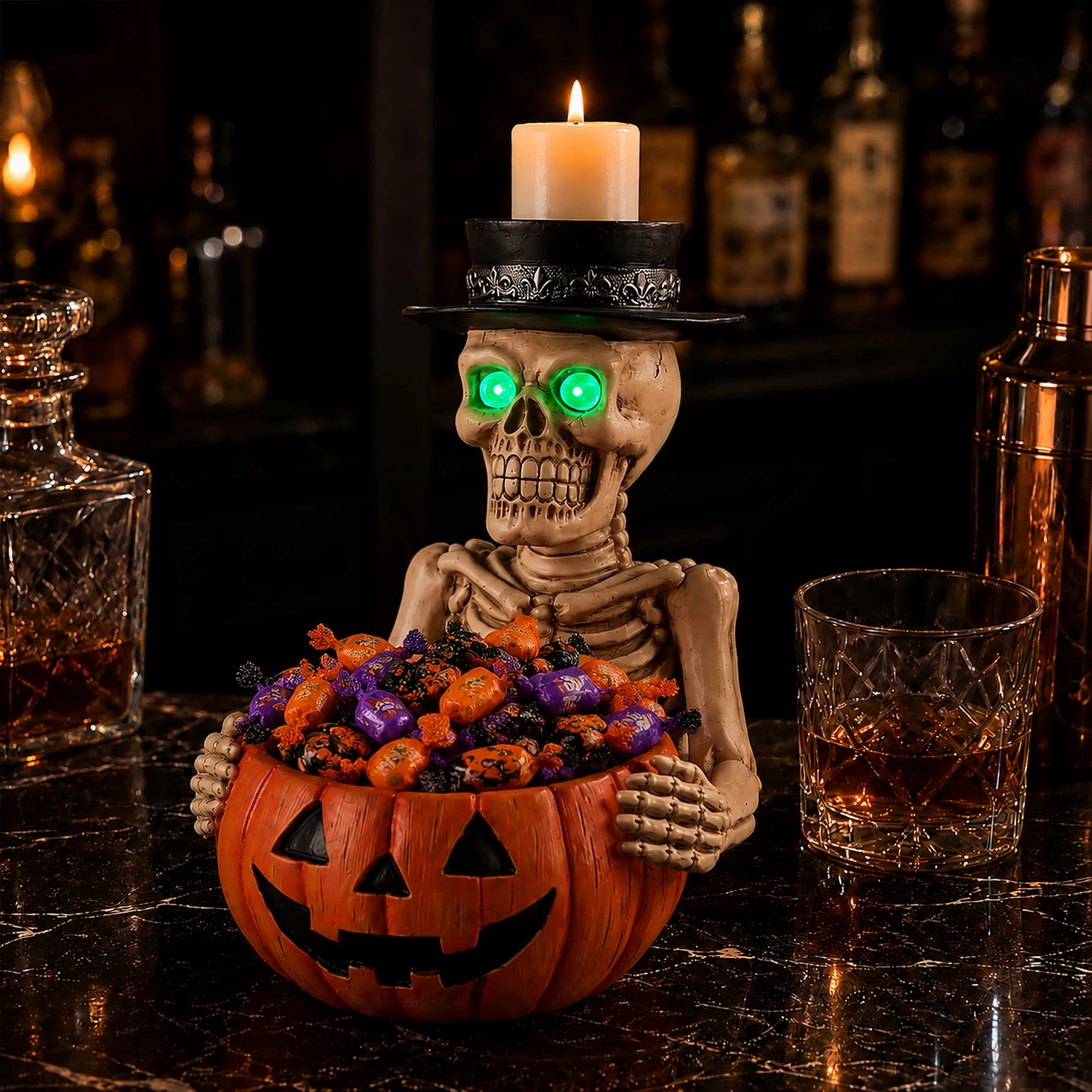 Halloween Skeleton Figurine with Pumpkin Candy Bowl & Candle Holder, Spooky Table Decor for Halloween
