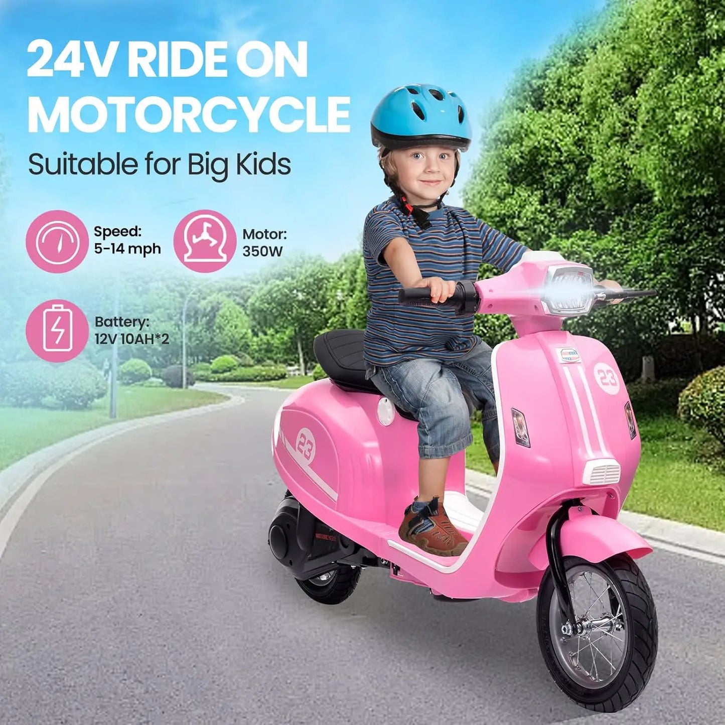Children's Motorcycle Kids Ride on Toys 24 V 350 W Electric Seating Max 14 MPH Waterproof LED Lights for Aged 8-12 Max 59.9 kg