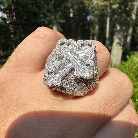 Fashion Design Brilliant 925 Silver Cross Rings For Men Shiny Zircon Inlay Iced Out Hip Hop Ring Vintage Rapper Jewelry