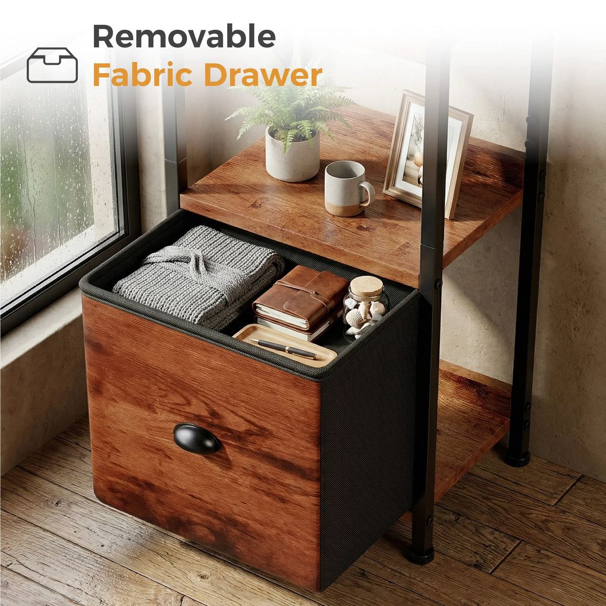 Metal Five Tier Freestanding Bookshelf With Fabric Storage Drawers