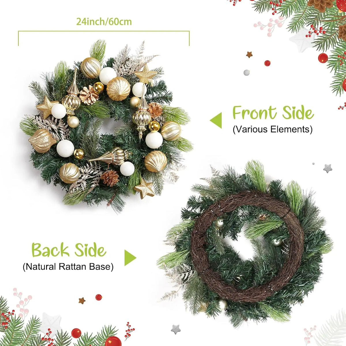 Garvee Battery Operated Pre Lit Christmas Wreath With Pine Cones